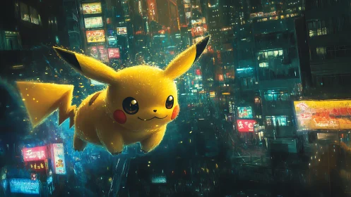 Pikachu soars through neon city rain in electric wonder