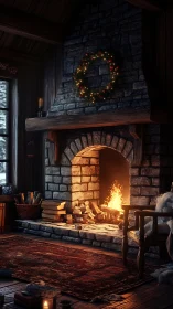 Stone cabin fireplace with lit wreath and glowing fire.