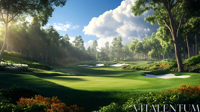 Sunlit forest golf fairway with sculpted white bunkers.
