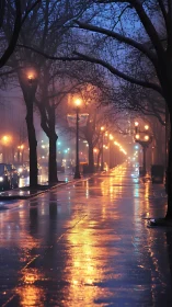 Photorealistic rainy boulevard with foglit tree canopy at dusk.