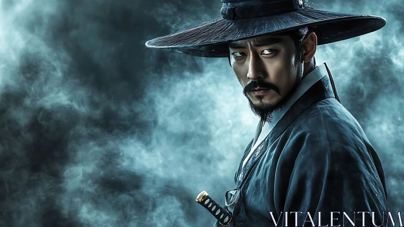 Storm-lit Joseon swordsman amid curling blue ghost fog.