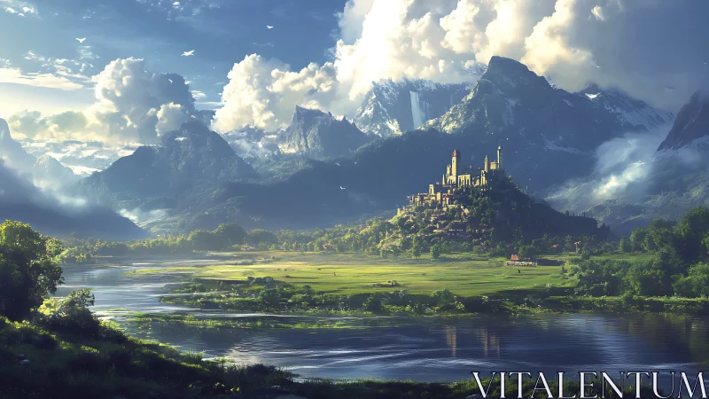 Sunlit riverside citadel below glaciated alpine mountain massif