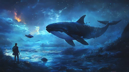 Giant cosmic whale glides above glowing blue seascape.