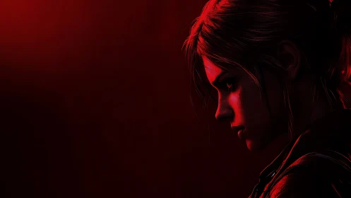 Scarlet-lit warrior girl broods in cinematic side profile.