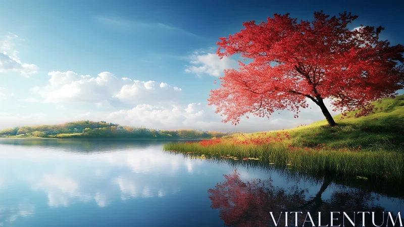 Scarlet lakeside tree leans over tranquil reflective water.