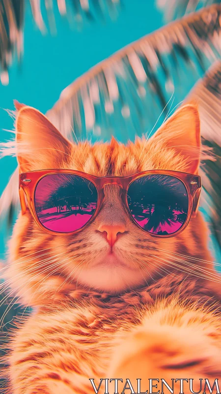 Neon Feline with Mirrored Sunglasses in Synthwave Aesthetic.