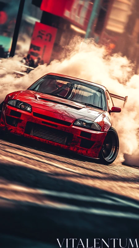 Red drift car tears through city street in smoking turn.