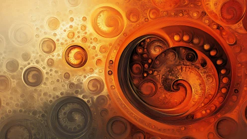 Spiraled suns converse in a molten clockwork of glowing amber