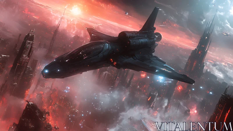 Star-hunting gunship slices through ember-lit cyber city haze