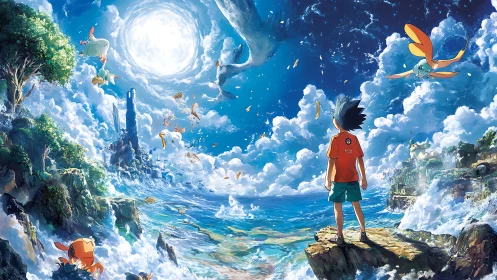 Boy on seaside cliff watching flying creatures and sky portal.