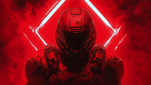 Tactical exosuit silhouette under red volumetric backlighting.