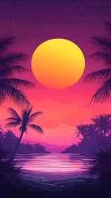 Vibrant tropical sunset over palm-framed reflective water.