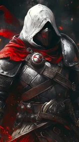 Hooded armored warrior stands in red scarf and metal gear
