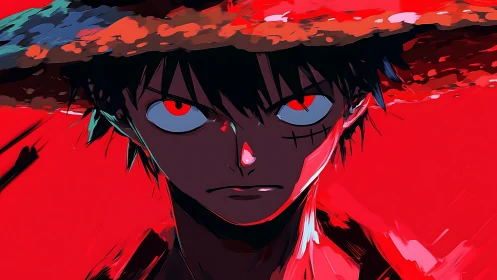 Anime boy with straw hat stares forward in intense red scene