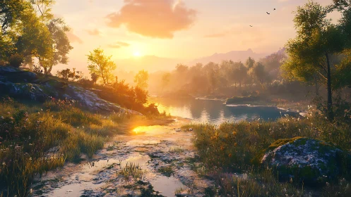 Digital painting landscape with luminous riverine sunset glow.