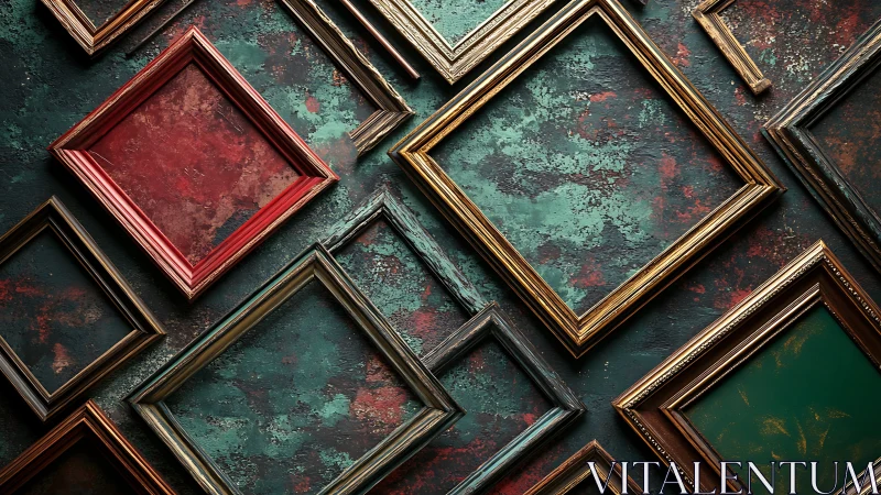 Geometric array of empty vintage frames on corroded wall.