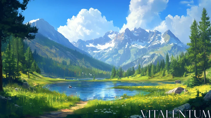 Mountain lake landscape under bright summer daylight.