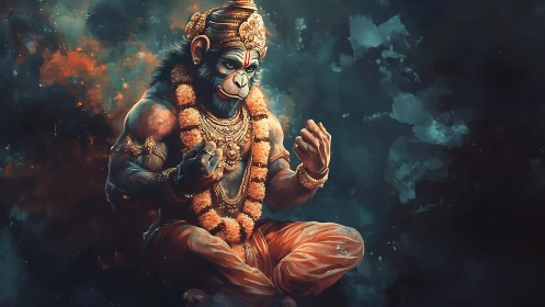 Majestic monkey warrior in calm, glowing meditation pose.