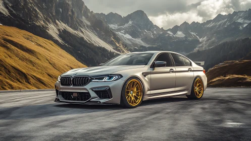 Photorealistic sports sedan with alpine landscape backdrop.