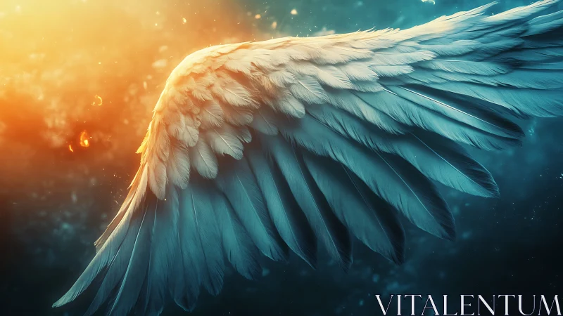 Luminous angel wing drifting gently through glowing twilight.