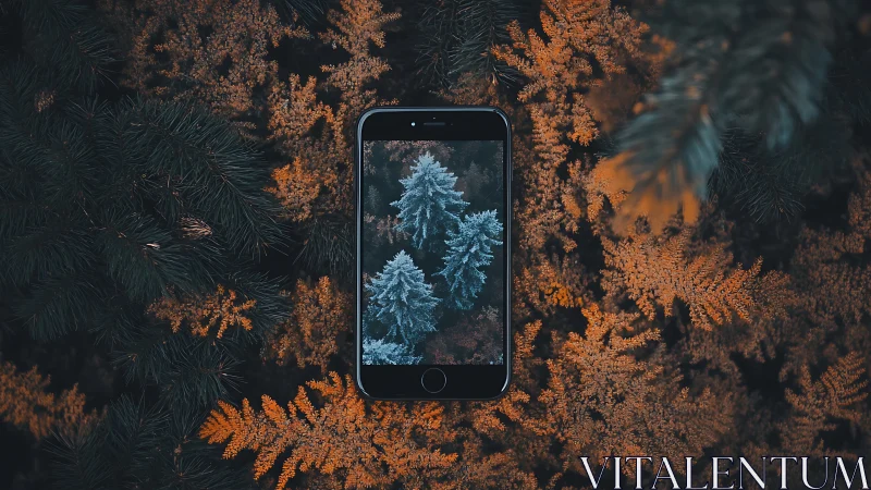 Smartphone frames frosted firs amid warm autumn foliage.