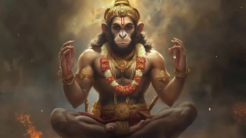 Meditating Hanuman glows amid stormy divine clouds.