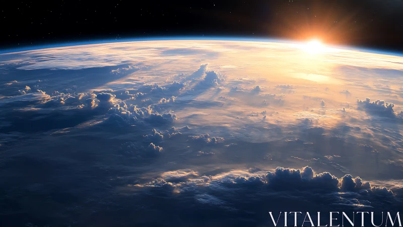 Sunrise over Earth horizon with glowing cloudscape from orbit.