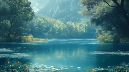 Tranquil blue river winding through soft morning forest glow.