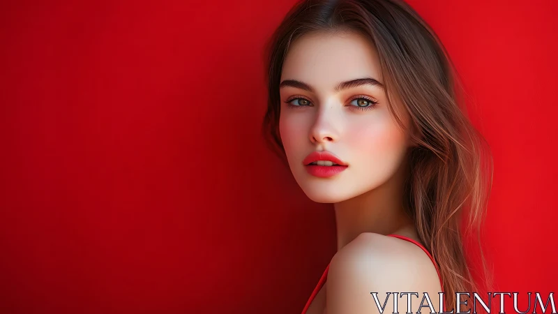 Digital female portrait against plain red studio background.