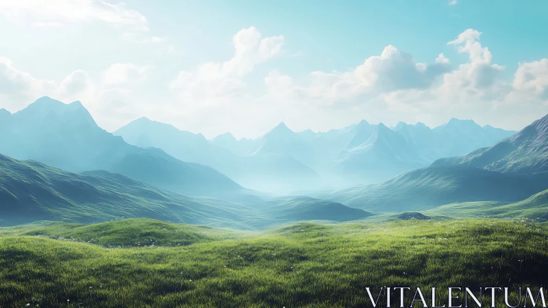 Soft morning light rolls across peaceful green valleys