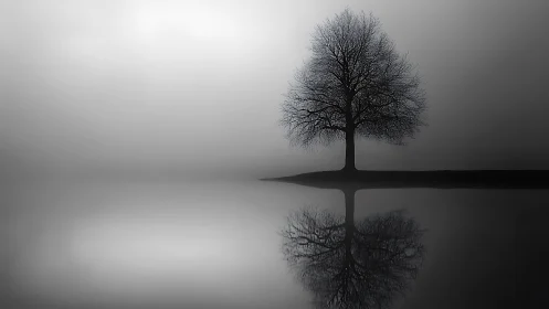 Leafless tree stands on shoreline and forms clear water reflection