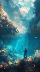 Solitary fisherman stands in luminous split-view mountain cove