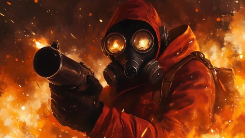 Flame-drenched raider steadies a cannon amid swirling embers