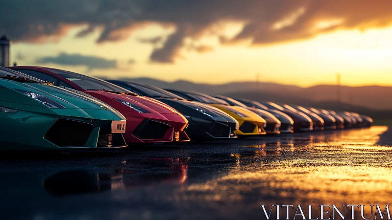 Row of sports cars parked on wet asphalt at sunset.