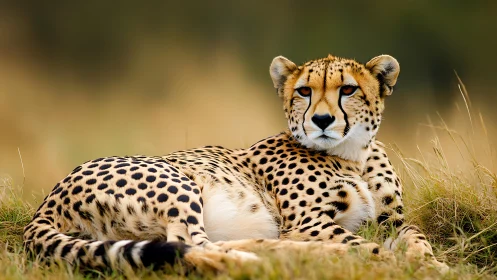 Resting cheetah on grassland with soft blurred backdrop.