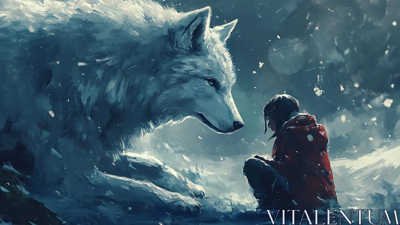 Giant white wolf guards child in stormlit winter forest