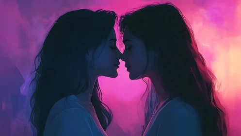 Mirrored female silhouettes in neon magenta and cyan glow.