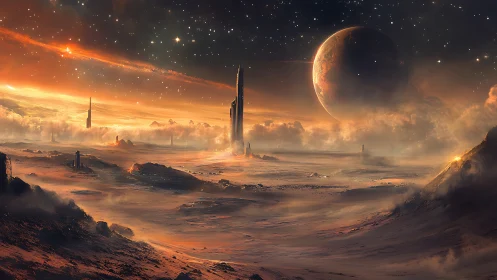 Alien desert world under burning nebula sky glows.