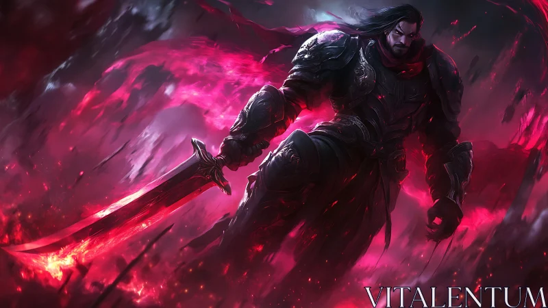 Armored swordsman stands in red-illuminated swirling mist