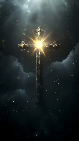 Radiant celestial cross ignites the storm-dark heavens.
