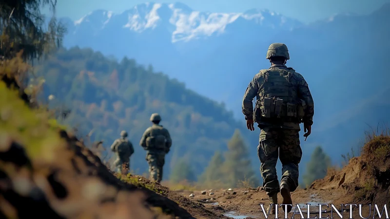 Soldiers patrol mountain trail under distant snowcapped peaks