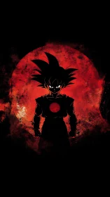 Silhouetted spiky-haired figure before textured red circle.
