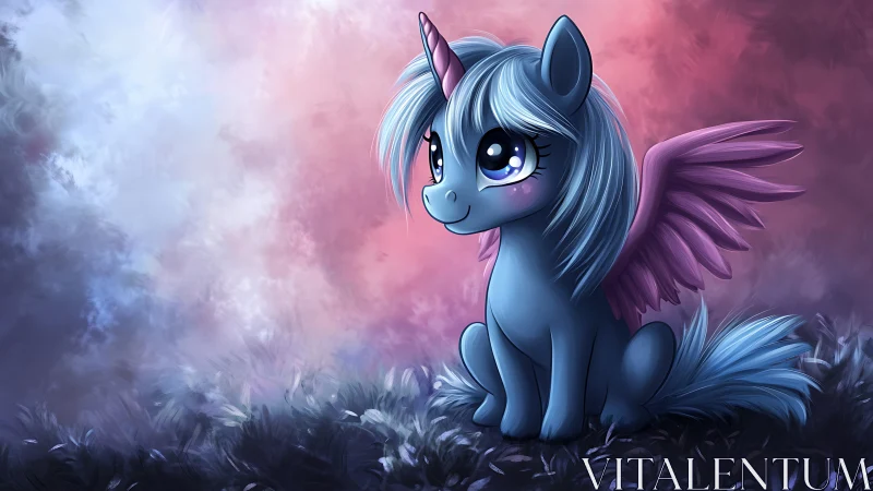 Iridescent blue winged unicorn rendered in soft digital lighting