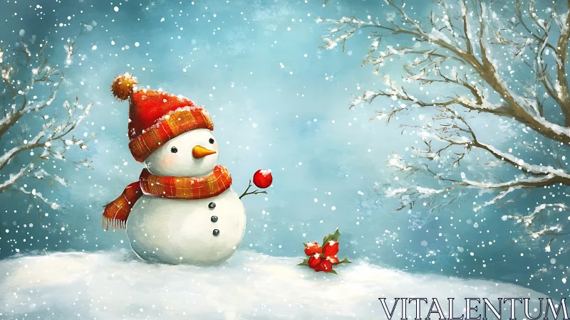 Snowman in red knit hat amid drifting winter snowfall.
