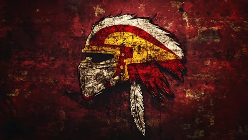 Warrior helmet emblem with distressed tribal feather crest.