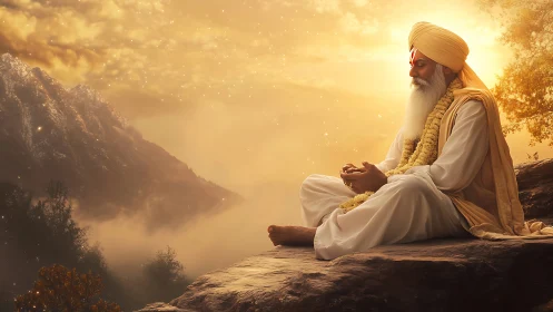 Digital painting of serene guru meditating on sunlit cliff.