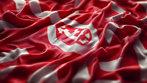 Red white heraldic banner with circular crest emblem.