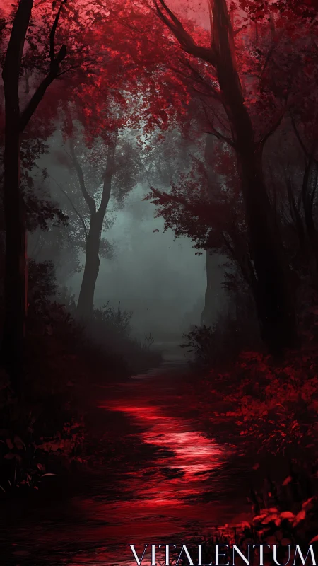 Red Forest: Mystical Tree-Lined Stream at Dusk
