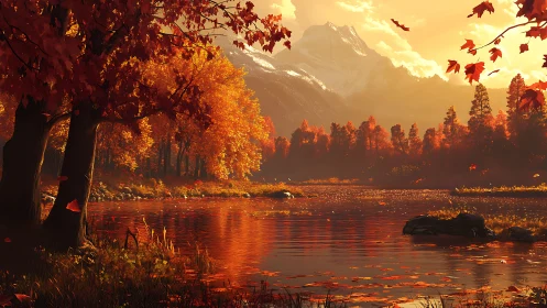 Autumn lake landscape under warm sunset light with mountains.