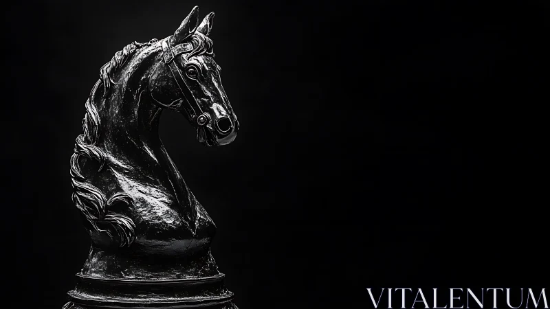 High-contrast black knight chess sculpture with glossy specular surfaces